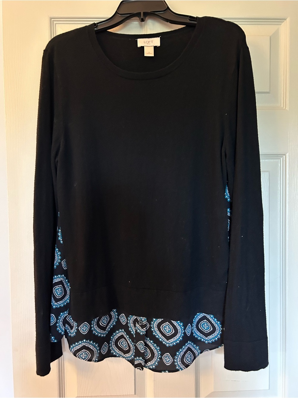 LOFT Black Sweater with Blue Printed Hem and Back